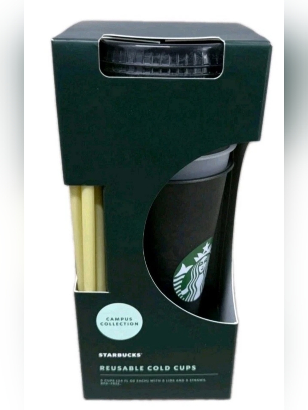 Starbucks Campus Collection Green 5 Cups with Yellow Straws 24 Fl Oz Each